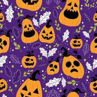 Seamless pattern for Halloween. Halloween party illustration in vector form. ghost pumpkin,  leaf line, and purple background. Cartoon seamless vector pattern