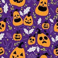 Seamless pattern for Halloween. Halloween party illustration in vector form. ghost pumpkin,  leaf line, and purple background. Cartoon seamless vector pattern