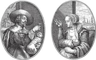 Amsterdam merchant and his wife, Crispijn van de Passe II, 1641, vintage illustration. vector