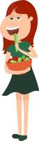 Girl eating summer salad, illustration, vector on white background