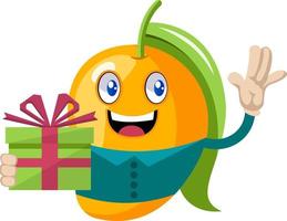 Mango with birthday present, illustration, vector on white background.