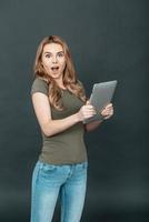 Wow Surprised young woman with blond hair holding digital tablet with opened mouth while standing against grey background photo