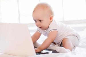 Little IT guy. Cute little baby holding hands on laptop keyboard and looking at monitor while sitting on the bed photo