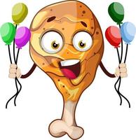 Happy, fried chicken leg holding balloons, illustration, vector on white background.