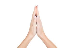 Hands gestures. Close-up of female hands gesturing while isolated on white background photo