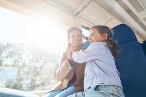 Happy mother with little daughter having fun while traveling by train together photo