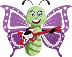 Butterfly with guitar, illustration, vector on white background.