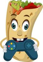 Burrito with gamepad, illustration, vector on white background.