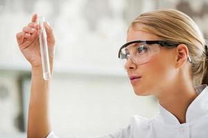 Passionate about her work. Side view of young female scientist holding test tube and looking at it while working in the laboratory photo