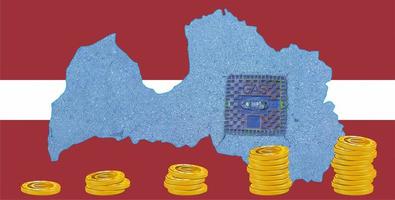 Outline map of Latvia with the image of the national flag. Manhole cover of the gas pipeline system inside the map. Stacks of euro coins. Collage. Energy crisis. photo