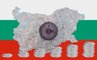 Outline map of Bulgaria with the image of the national flag. Hatch for the water system inside the map. Stacks of Euro coins. Collage. Energy crisis. photo