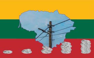 Outline map of Lithuania with the image of the national flag. Power line inside the map. Stacks of euro coins. Collage. Energy crisis. photo