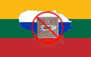 Outline map of Lithuania with the image of the national flag. Manhole cover of the gas pipeline system on the flag of Russia inside the map. Collage. Energy crisis. photo