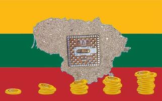 Outline map of Lithuania with the image of the national flag. Manhole cover of the gas pipeline system inside the map. Stacks of euro coins. Collage. Energy crisis. photo