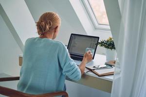 Rear view of young woman using laptop while working at home photo