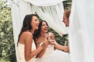 Simply happy. Attractive young bride toasting with champagne and talking with her beautiful bridesmaids while standing outdoors together