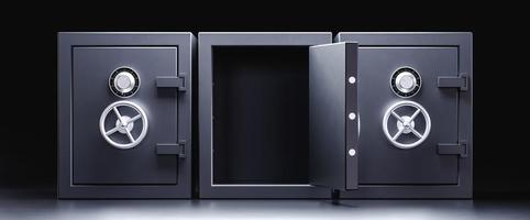 3D illustration. Three safe deposit boxes with one door open. photo