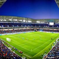 Soccer stadium arena with natural green grass photo