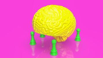 el cerebro amarillo y el ajedrez verde sobre fondo rosa 3d renderizado foto