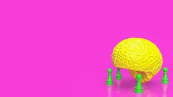 el cerebro amarillo y el ajedrez verde sobre fondo rosa 3d renderizado foto