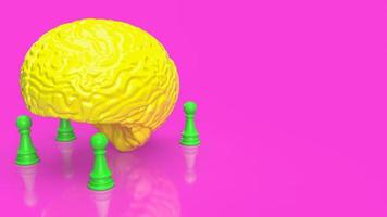 el cerebro amarillo y el ajedrez verde sobre fondo rosa 3d renderizado foto