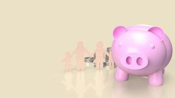 pink piggy bank and family wood cut 3d rendering photo