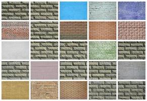 A collage of many pictures with fragments of brick walls of different colors close-up. Set of images with varieties of brickwork photo