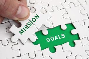The human hand fills the last missing elements of the surface from the jigsaw puzzle. Image with words mission and goals photo