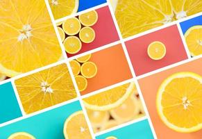 un collage de muchas fotos con jugosas naranjas. conjunto de imágenes con frutas sobre fondos de diferentes colores