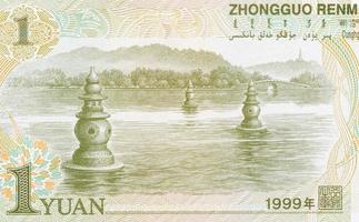 Three Pools Mirroring the Moon in West Lake, Hangzhou on China 1 yuan 1999 Banknote photo