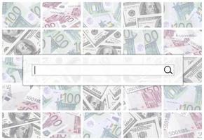 The search string is located on top of collage of many images of euro banknotes in denominations of 100 and 500 euros lying in the heap photo