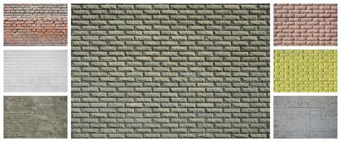 A collage of many pictures with fragments of brick walls of different colors close-up. Set of images with varieties of brickwork photo