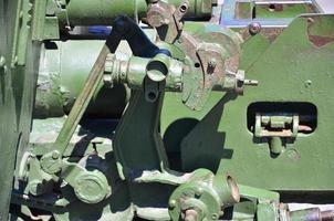 A close-up mechanism of a portable weapon of the Soviet Union of World War II, painted in a dark green color photo