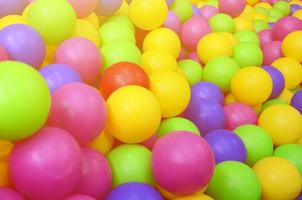 Many colorful plastic balls in a kids' ballpit at a playground. Close up pattern photo