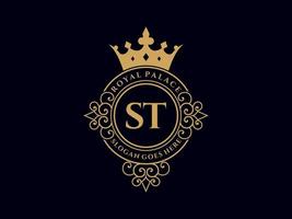 Letter ST Antique royal luxury victorian logo with ornamental frame. vector