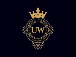 Letter UW Antique royal luxury victorian logo with ornamental frame. vector