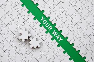 Your way. The green path is laid on the platform of a white folded jigsaw puzzle. The missing elements of the puzzle are stacked nearby photo