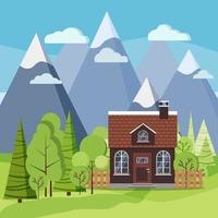 Spring or summer mountain landscape background scene with farm house vector