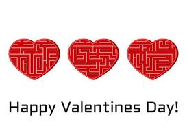 Greeting card with set of isolated vector hearts with maze labyrinth.