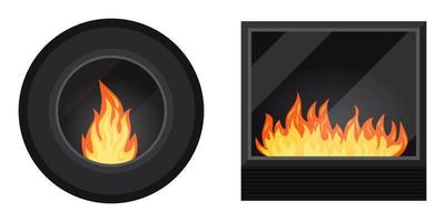 Icon set round and square black modern electric or gas cozy fireburning fireplace. vector