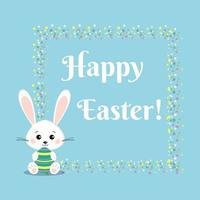 Greeting card with sweet white easter bunny rabbit with color easter egg. vector