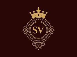 Letter SV Antique royal luxury victorian logo with ornamental frame. vector