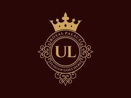 Letter UL Antique royal luxury victorian logo with ornamental frame. vector