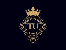 Letter TU Antique royal luxury victorian logo with ornamental frame. vector