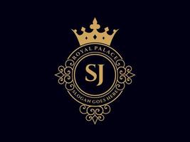 letra sj logotipo victoriano de lujo real antiguo con marco ornamental. vector