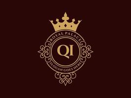 Letter QI Antique royal luxury victorian logo with ornamental frame. vector