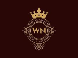 Letter WN Antique royal luxury victorian logo with ornamental frame. vector