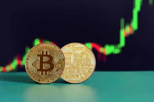 Two gold bitcoins lie on the green surface on the background of the display, which depicts the growth of the position on the chart photo