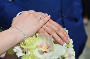 The newlywed couple is holding a beautiful wedding bouquet. Classical wedding photography, symbolizing unity, love and the creation of a new family photo