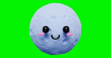 emoticons de personagem emoji lua 3d em loop fofo e adorável com tela verde. emoticon de lua dos desenhos animados 3D. video